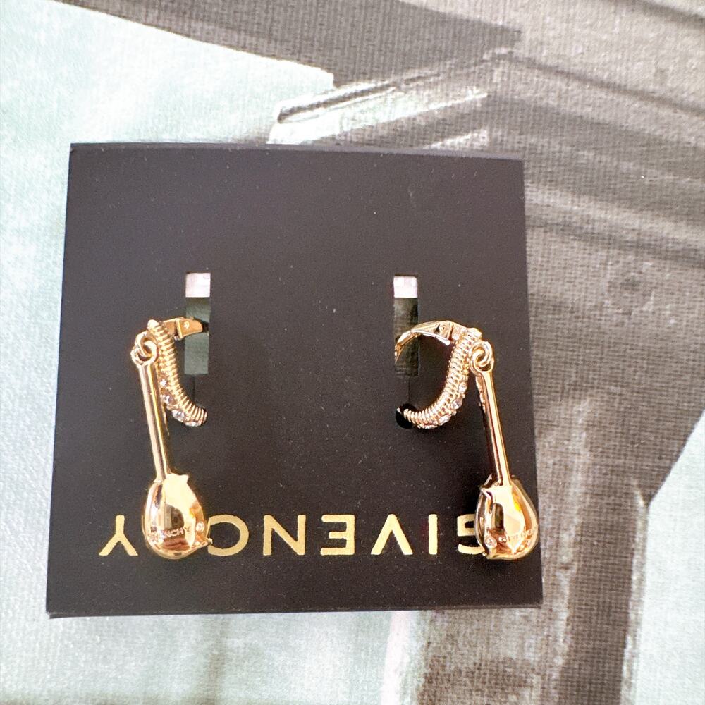 NWT Givenchy 07G00890 Pear‑Shaped Crystal Drop Huggie Earrings Gold Tone Pave